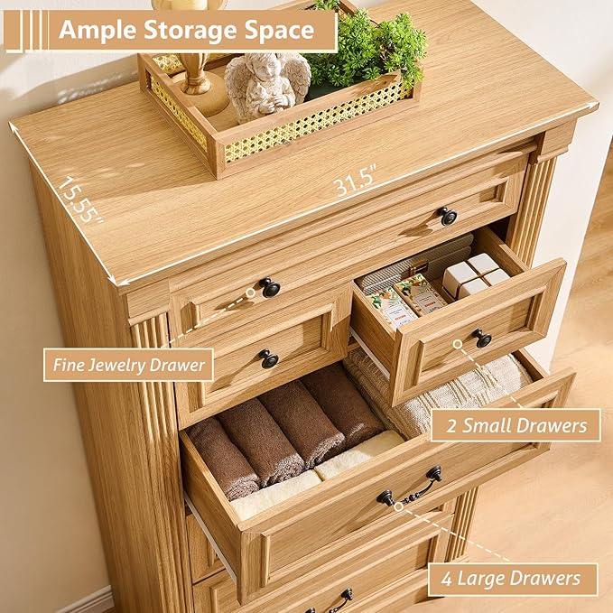 Farmhouse 7 Drawers Dresser for Bedroom, 57" Tall Large Dressers & Chests of Drawers w/Roman Column, Storage Dressers Organizer for Bedroom, Hallway, Living Room, Natrual