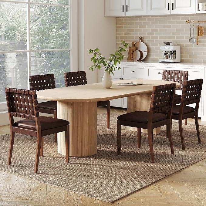 Woven Faux Leather Dining Chairs Set of 2, Farmhouse Upholstered Kitchen Chairs with Wooden Legs Armless Accent Side Chairs for Dining Room/Restaurant, Brown