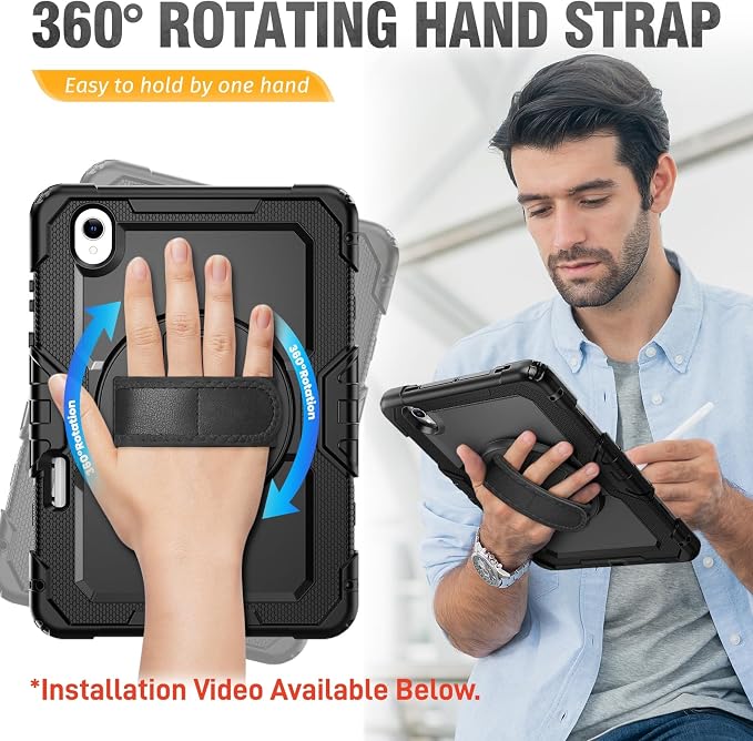 HXCASEAC Case for Samsung Galaxy Tab S10+ Plus / S9 Fe+ / S9+ 5G 12.4 inch Protective with Screen Protector/S Pen Holder/ 360 Rotating Stand Hand Strap - Black