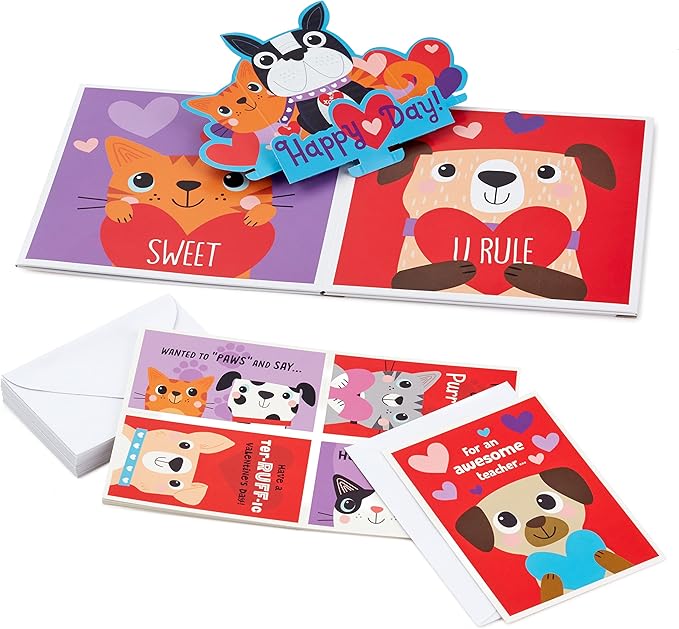 Hallmark Cats and Dogs Valentines Day Cards and Mailbox for Kids School Classroom Exchange (1 Box, 32 Valentine Cards, 1 Teacher Card)