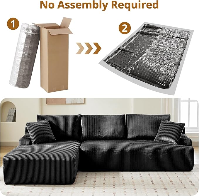 Sectional Cloud Couch for Living Room L Shaped Couch with 3 Seat Ind. Chaise Longue Corduroy Fabric Boneless Modular Modern Sofa with Pillows for Apartment and Small Space