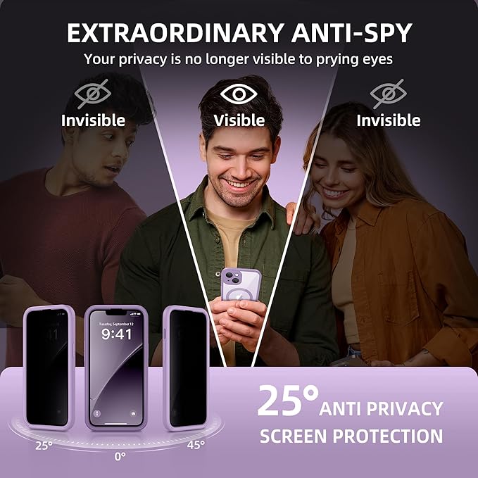 BERFY Magnetic for iPhone 14 Case, Compatible with MagSafe, Built-in Privacy Screen Protector and Upgraded Camera Protection, Anti-Spy Full Body Shockproof Phone Case for 14 6.1", Light Purple