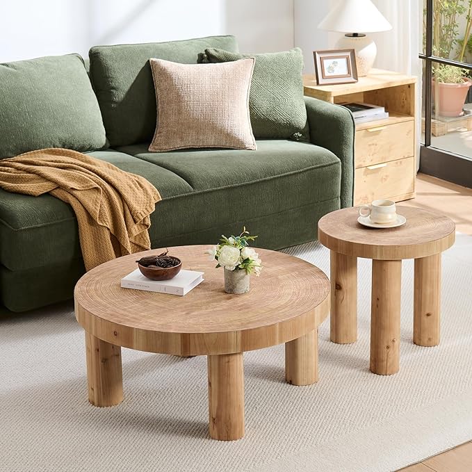 RUSTOWN 2-Piece Round Farmhouse Coffee Table, Rustic Coffee Table Sets, Circle Wooden Ring Finish with Solid Wood Legs, Center Tables Set for Living Room (Natural)