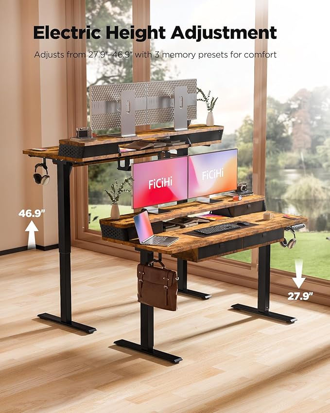 FiCiHi Adjustable Height Standing Desk with 4 Drawers,48 x 24 inches Electric Sit Stand Home Office Desk with Two Tiers, 3 Memory Presets, Monitor Stand Riser, C-Clamp Mount Compatible