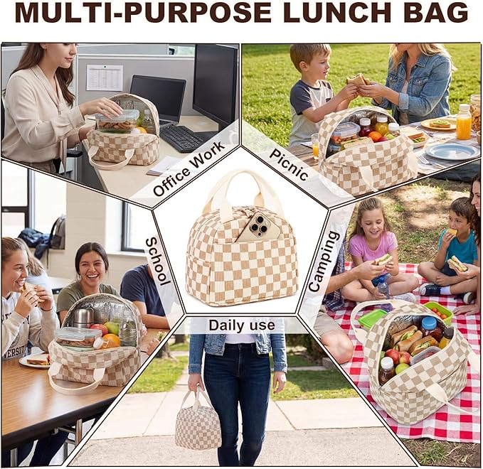 LEDAOU Insulated Lunch Bag women Corduroy Small Lunch Box for Women with Front Pocket Leakproof Cooler Checkered Cute Adult Gilrs Lunch Box for Work School Picnic