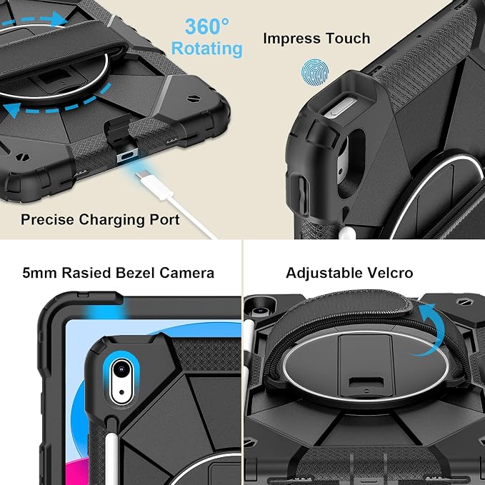 Nitupai Case for iPad 10th Generation 10.9 Inch 2022 / iPad A16 Case 11 Inch 2025 with Screen Protector 10th Gen Cover for Kids Pencil Holder 360° Rotating Stand Shoulder Strap Black Black