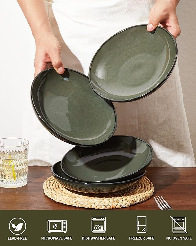 Pasta Bowls Set of 4, Reactive Glaze Salad Bowl 30 oz, Microwave & Dishwasher Safe, Large Wide Serving Bowls for Fruit/Soup/Noodle/Dessert, Blackish Green