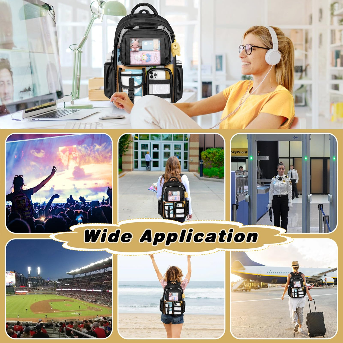 PAMANO Clear Backpack for Girls, Heavy Duty Transparent Bookbag for Kids, See Through Cute Backpacks for Elementary Primary School Work Sport Travel - Black