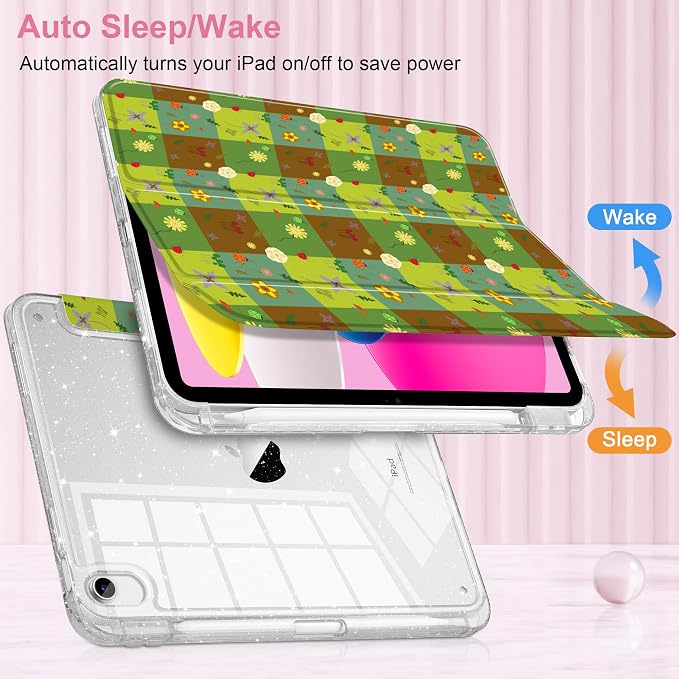 MEEgoodo Case for iPad A16 11th Generation 2025/10th Generation 2022 Glitter Tablet Cases with Transparent Acrylic Back+Trifold Stand +Pencil Holder+Auto Wake/SleepAbstract Sun &amp Palm Tree