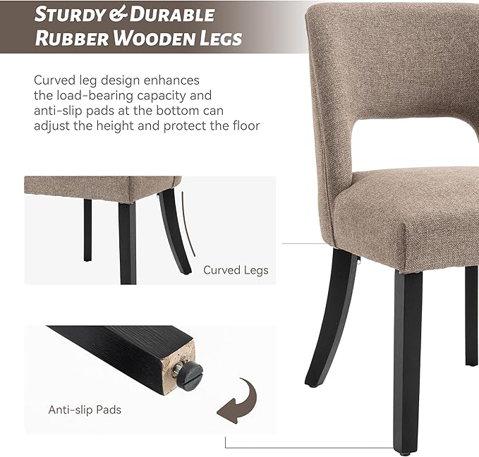 VKNOW Wooden Dining Chairs Set of 2, Modern Fabric Upholstered Dining Room Chair Kitchen Chairs, Farmhouse Dinner Chair for Kitchen Dining Room, Brown-Black Legs