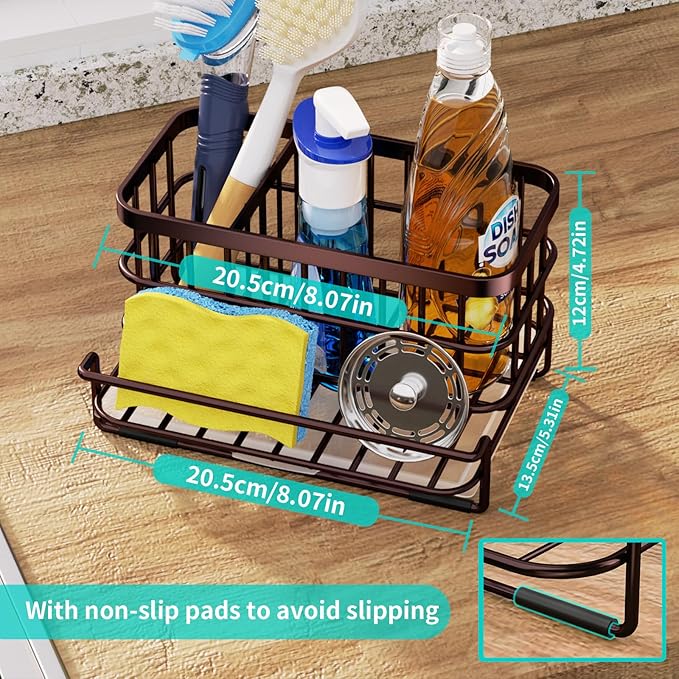 HapiRm Multifunctional Kitchen Sink Caddy with Removable Drain Tray, Quick Draining Rustproof Sink Organizer, Stainless Steel Kitchen Sponge Holder for Sponge, Cleaning Towel and Scrubber-Bronze