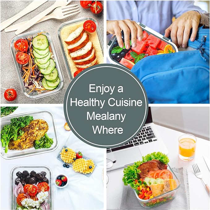 VERONES 10 Pack Glass Meal Prep Containers, Airtight Glass Lunch Containers, Stackable Glass Food Storage Containers Set with Lids,Exclusive of BPA,for Microwave, Oven, Freezer & Dishwasher,Grey