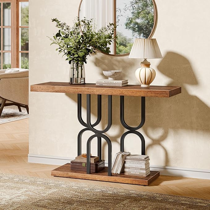 Huuger 47.2 Inch Entryway Table, Industrial Console Sofa Table, Narrow Accent Table, for Entry, Hallway, Entrance, Foyer, U-Shaped Metal Base, Rustic Brown
