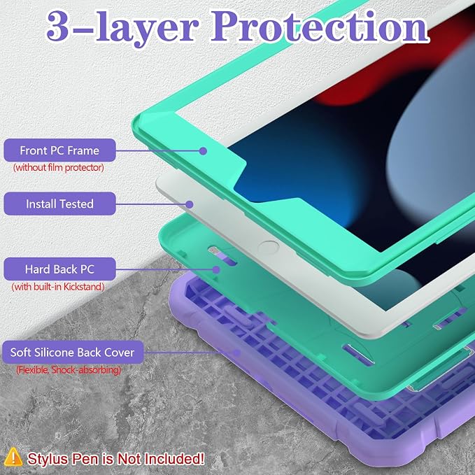 LTROP Case for iPad 10.2-Inch 9th/ 8th/ 7th Generation (2021/2020/ 2019) with Pencil Holder &amp Kickstand Hybrid Shockproof Rugged Protective Case for iPad 9/8/ 7 Gen 10.2 Purple and Green