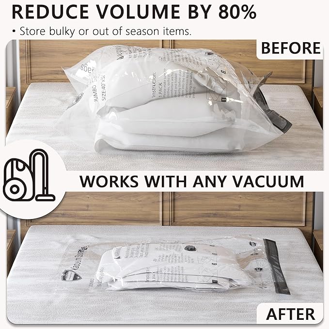 Vacuum Storage Bags, Compression Packing Space Saver Seal Bags for Clothing Bedding Comforters Blankets Pillows, 8 X-Jumbo