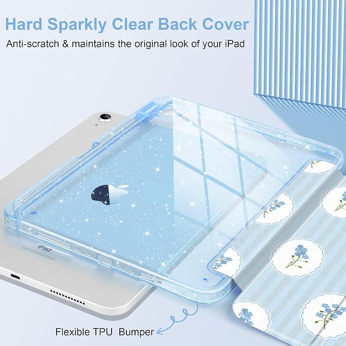 MEEgoodo Case for iPad A16 11th Generation 2025/10th Generation 2022 Glitter Tablet Cases with Transparent Acrylic Back+Trifold Stand +Pencil Holder+Auto Wake/SleepAbstract Sun &amp Palm Tree