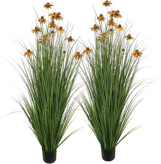Artificial Grass Plant with Yellow Echinacea Flowers, 57 inches, Indoor/Outdoor Decor, Set of 2