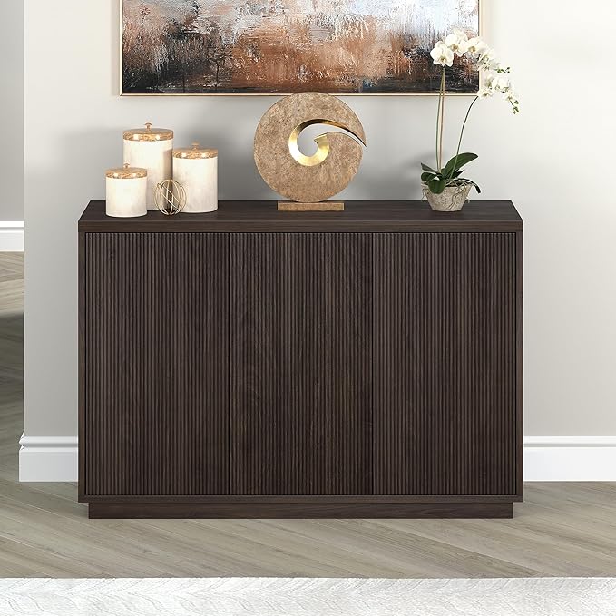 Henn&Hart 48" Fluted Sideboard Buffet Cabinet, Ribbed Wooden Credenza with 3 Doors, Adjustable Shelves, and Cable Management Cut-Outs for Dining Room, Kitchen, Living Room or Entryway, Warm Brown