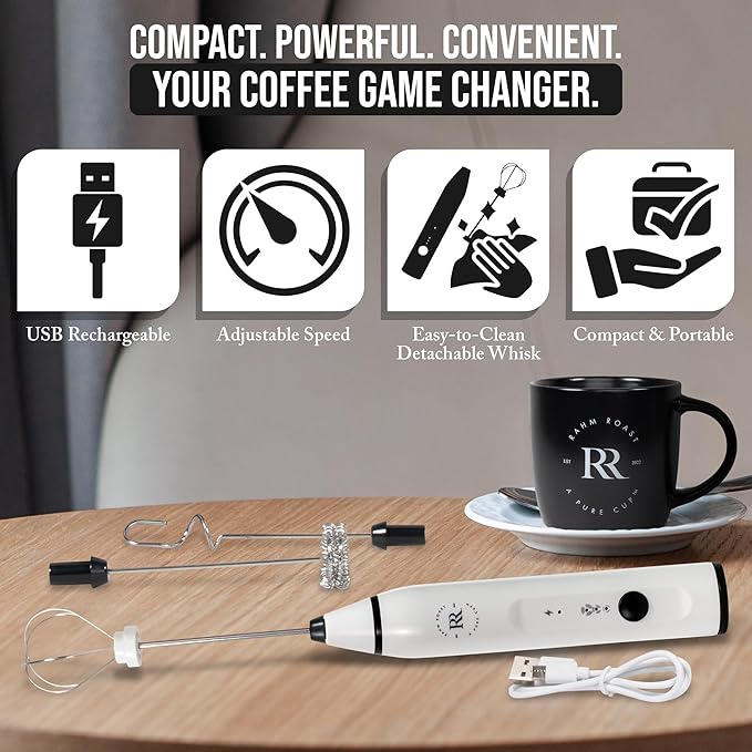 RAHM ROAST Frother Handheld - Powerful Coffee Frother Wand Rechargeable, Ultra Fast Milk Frother Handheld, Electric Whisk Drink Mixer with Stainless Steel for Coffee, Lattes, Matcha | White