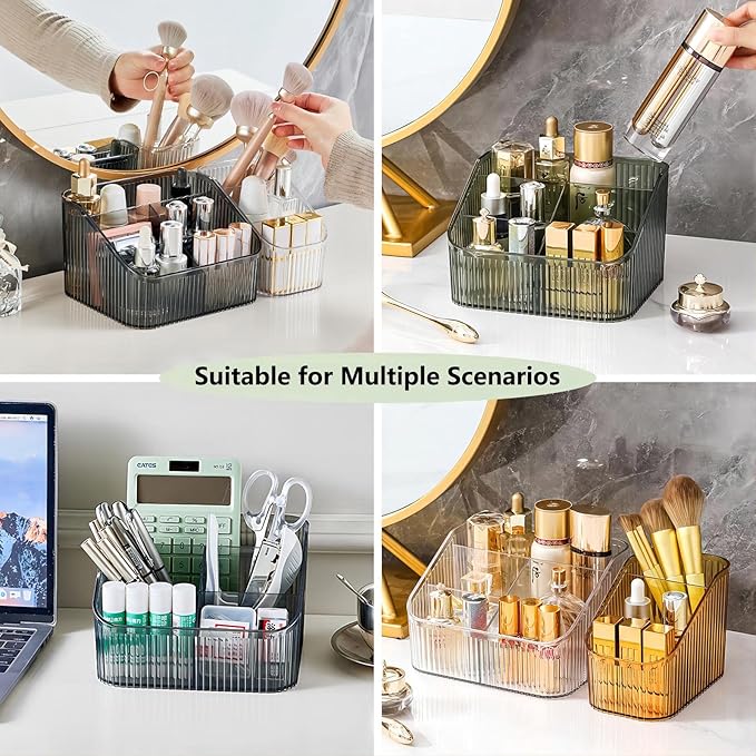 DASITON Large Capacity Makeup Brush Holder,5 Slot Makeup Brush Cup,Vintage striped Make Up Brush Holder,for Vanity Decor,Bathroom Countertops,Desk Storage Container,Cosmetic Display cases(Clear-L)