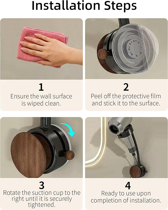 Hands Free Hair Dryer Holder Wall Mounted with Suction Cup, No Drill Installation for Damage-Free Walls, 360° Adjustable Blow Dryer Holder Fits Most Hair Dryers for Bathroom Organization1 Pack(Black)