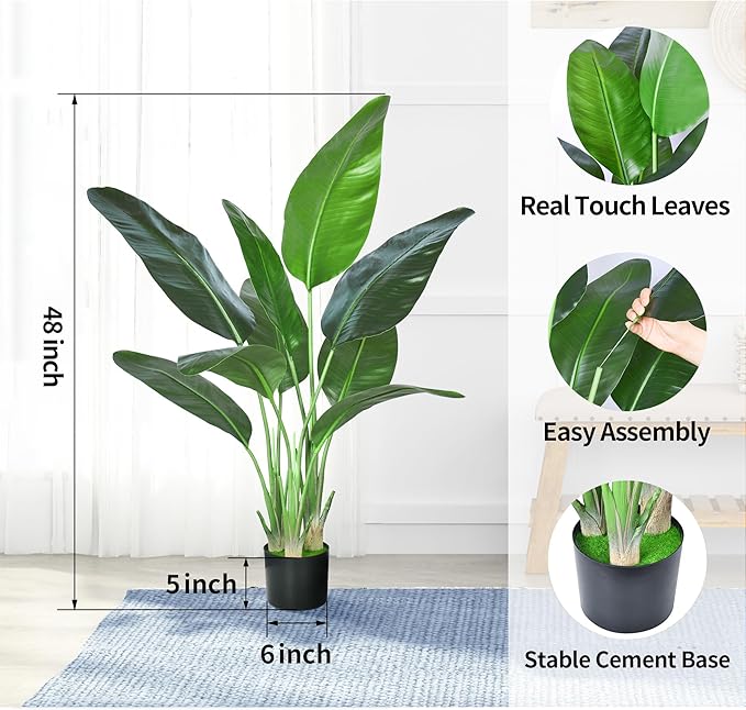 2Packs 4FT Artificial Bird of Paradise Plant,Faux Palm Tree Potted Plant with Real Touch Leaves,Fake Trees for Home Living Room Office Indoor Outdoor Decor(4 FT-2Packs)
