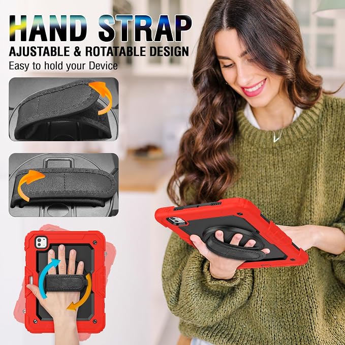iPad Pro 11 Inch Case 2024 with Screen Protector Pen Holder | iPad Pro 11 5th Generation Case | Three Layer Shockproof Defender Protective Cover W/Stand Hand Strap for iPad A2836/A2837 | Black