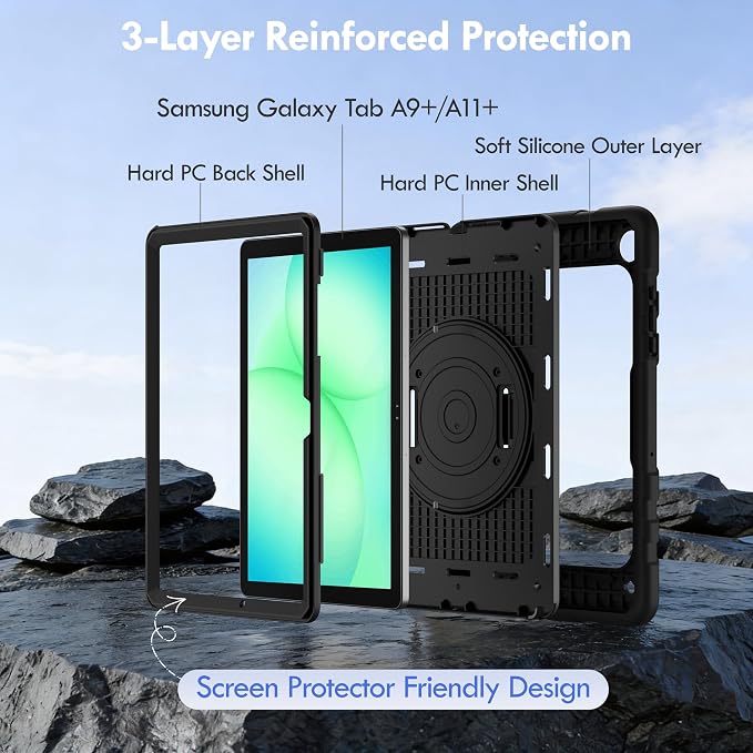Case for Galaxy Tab A11 Plus 11 Inch 2025 and Galaxy Tab A9 Plus 11 Inch 2023 Heavy Duty Shockproof Rugged Protective Case with 360 Rotating Stand Kickstand Hand Strap and Shoulder Strap