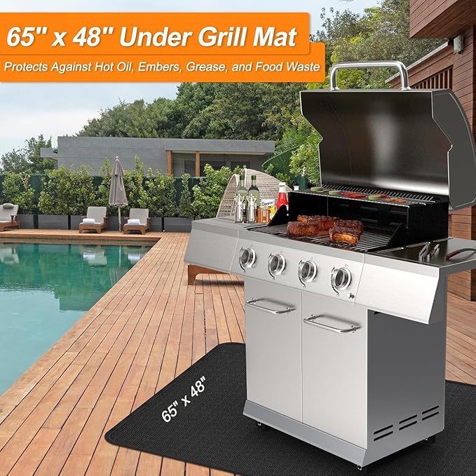 60 x 40 inch Under Grill Mats for Outdoor Grill, Fireproof & Heat Resistant Fiberglass Deck Protector, Waterproof & Oil-Proof BBQ Floor Pad for Deck, Patio, Grass – Easy Clean,Reusable
