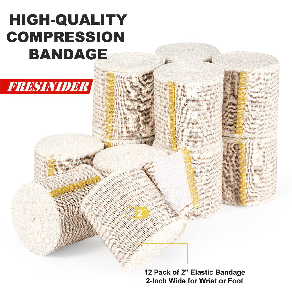 FRESINIDER Premium Elastic Bandage Wrap 2 Inch, 12 Pack, Hook and Loop