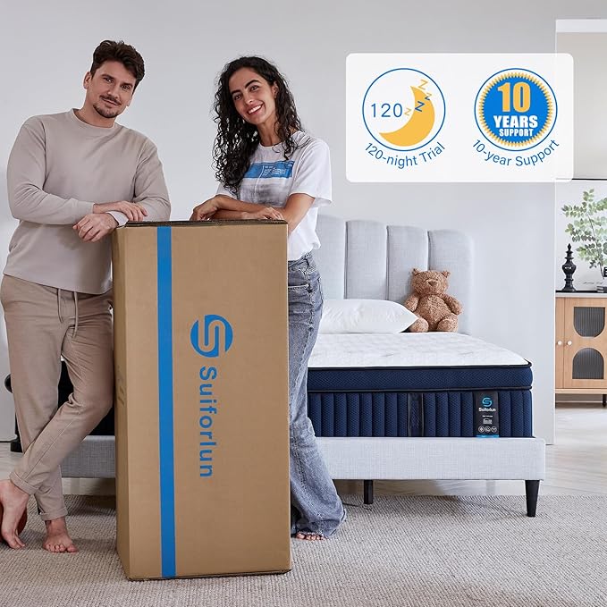 Suiforlun 14 Inch Queen Mattress with Ice Silk Cover, Euro Top Hybrid Gel Memory Foam with 7-Zone Individually Wrapped Coils, Medium Firm Queen Size Mattress for Pressure Relief