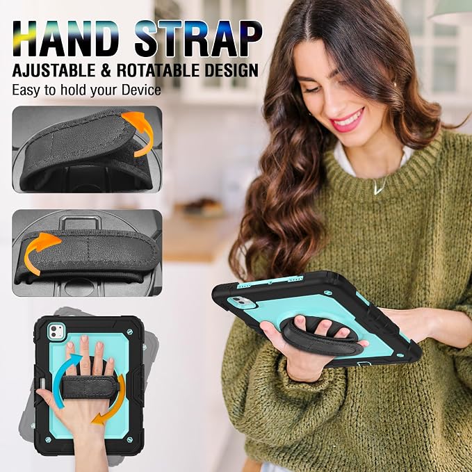 iPad Pro 11 Inch Case 2024 with Screen Protector Pen Holder | iPad Pro 11 5th Generation Case | Three Layer Shockproof Defender Protective Cover W/Stand Hand Strap for iPad A2836/A2837 | Black
