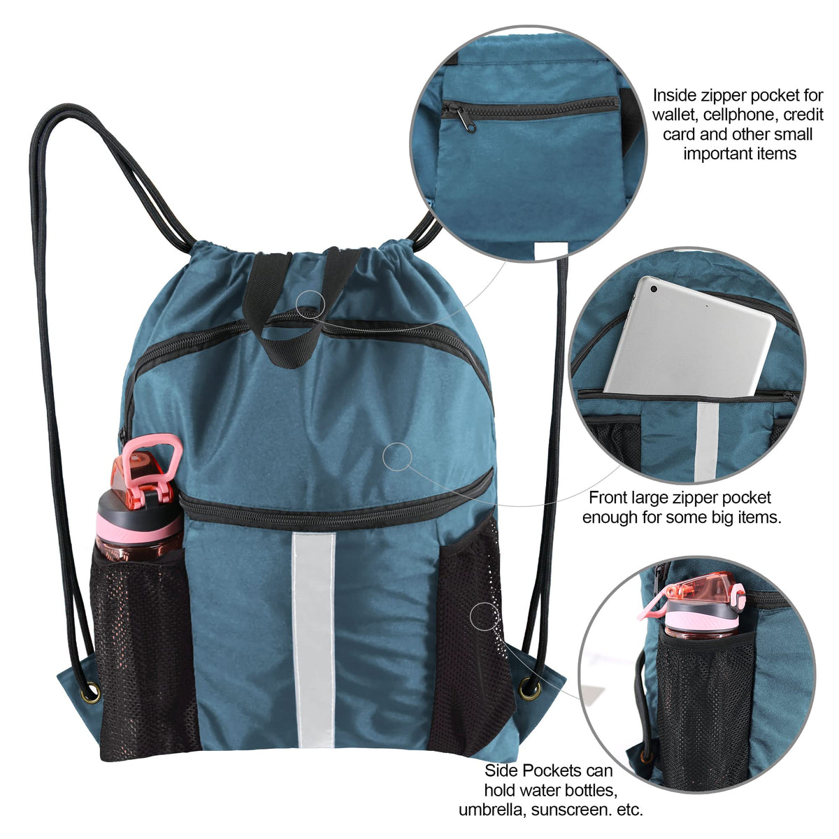 BeeGreen Workout Backpack with Shoe Compartment - Large Sackpack String Bag with Zipper Pockets and Water Bottle Pockets - Sports Yoga Cinch Bag for Gym - Haze Blue