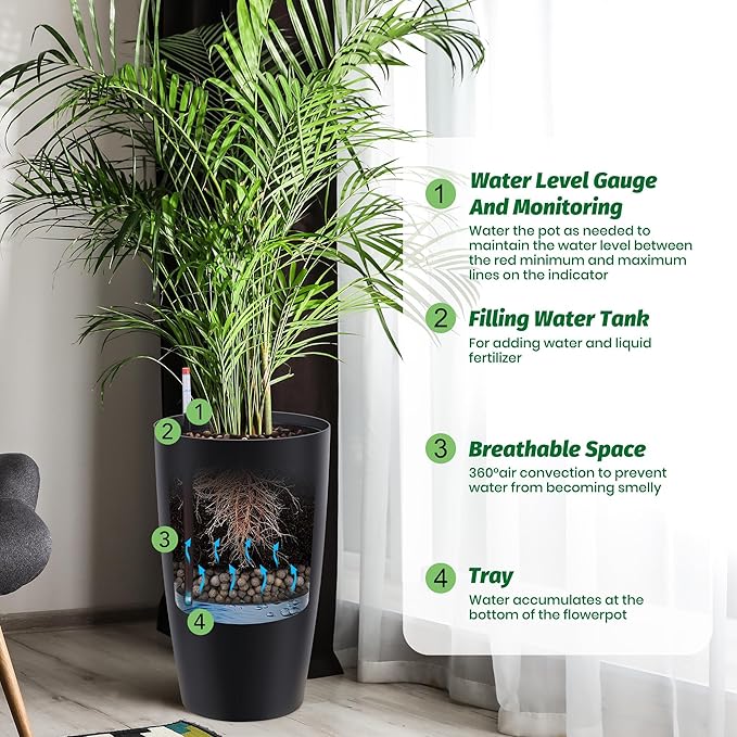 Tall Planters - Set of 2 Large 22 in Planters for Outdoor Indoor Plants, Water Level Monitor, Inner Bucket, Automatic Watering, Ideal for Porch Patio Backyard, Black