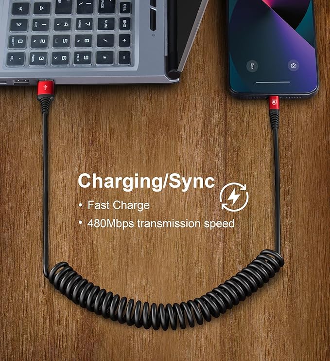 2 Pack Coiled Lightning Cable 3ft, iPhone Charger Cable for Car, [Apple MFi Certified] Lightning Cord Compatible with iPhone 14/13/12/11 Pro Max/XS MAX/XR/XS/X/8/7/Plus/6S iPad/iPod - Red