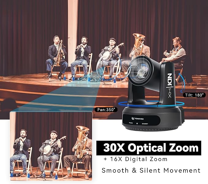TONGVEO NDI AI Auto-Tracking IP PTZ Camera SDI/HDMI/USB3.0/LAN PoE 30X Optical + 16X Digital Zoom 1080P 60fps for Live Streaming Church Services Education Video Conference with OBS vMix and More