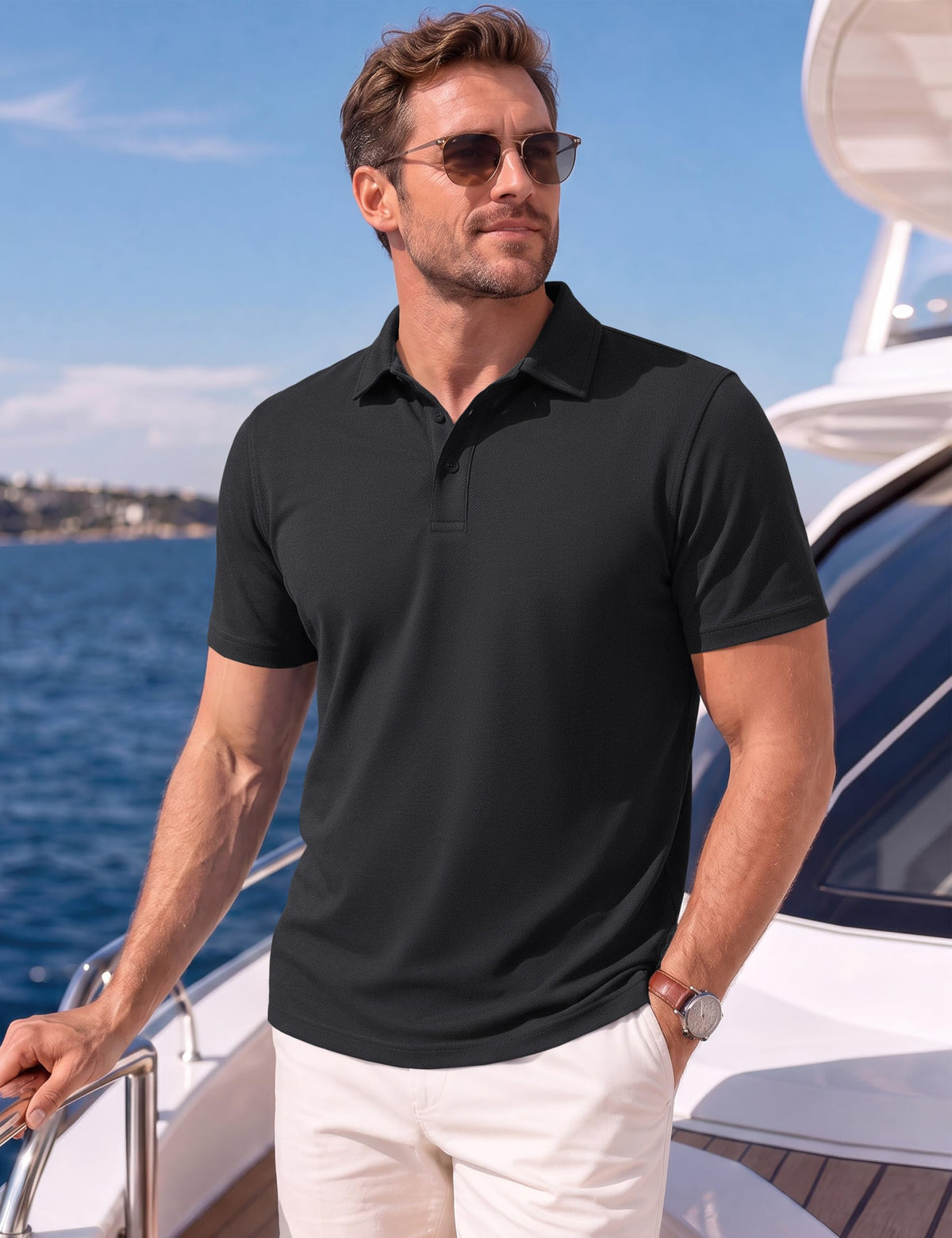 MAGNIVIT Cotton Polo Shirts for Men Short Sleeve Classic Fit Golf Shirt 3 Button Pique Collared T-Shirt Business Casual Black L