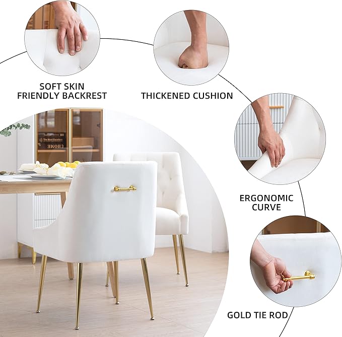 Modern Dining Chairs Set of 2, Mid Century Chairs with 5.12” Cushions and Golden Legs, Velvet Upholstered Dining Chairs with Back Pull Rod, for Kitchen, Living Room (Beige)