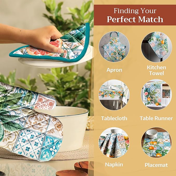 Maison d' Hermine 100% Cotton Oven Mitt & Pot Holder Set (7.5"x13" & 8"x8") Heat Resistant BBQ Cooking Gloves with Loop, Baking, Grilling, Kitchen, Handling Hot Pans Spring/Summer (Agrume)