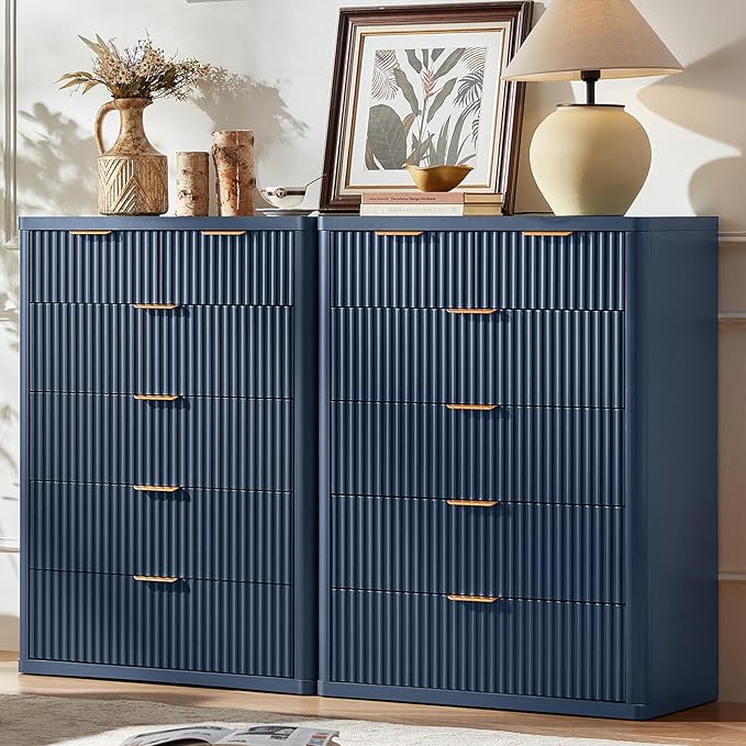 LEYAOYAO Fluted 6 Drawers Dresser for Bedroom Set of 2, 42" Tall Modern Chest of Drawers with Metal Handle, Curved Profile Design,Blue Wood Drawer Organizer for Bedroom, Living Room, Hallway