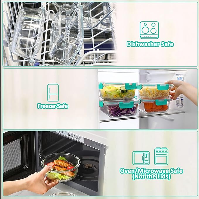 30 Pieces Glass Food Storage Containers with Upgraded Snap Locking Lids,Glass Meal Prep Containers Set - Airtight Lunch Containers, Microwave, Oven, Freezer and Dishwasher Friendly (Green)