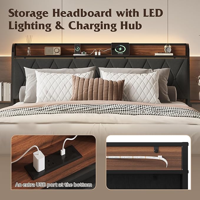 WLIVE King Size Upholstered Bed Frame with 2 Side Shelves, Linen Tufted Storage Headboard with Charging Ports and LED Light, Metal Solid and Stable, No Box Spring Needed, Easy Assembly, Brown