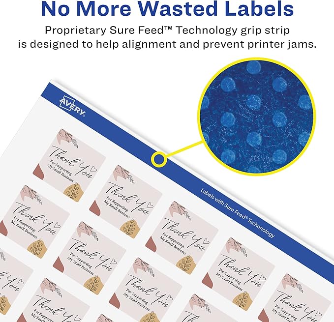 Avery Glossy White Square Labels, Sure Feed Technology, 3/4" x 3/4", 2,000 Glossy White Labels, Print-to-The-Edge, Permanent Adhesive, Laser/Inkjet Printable