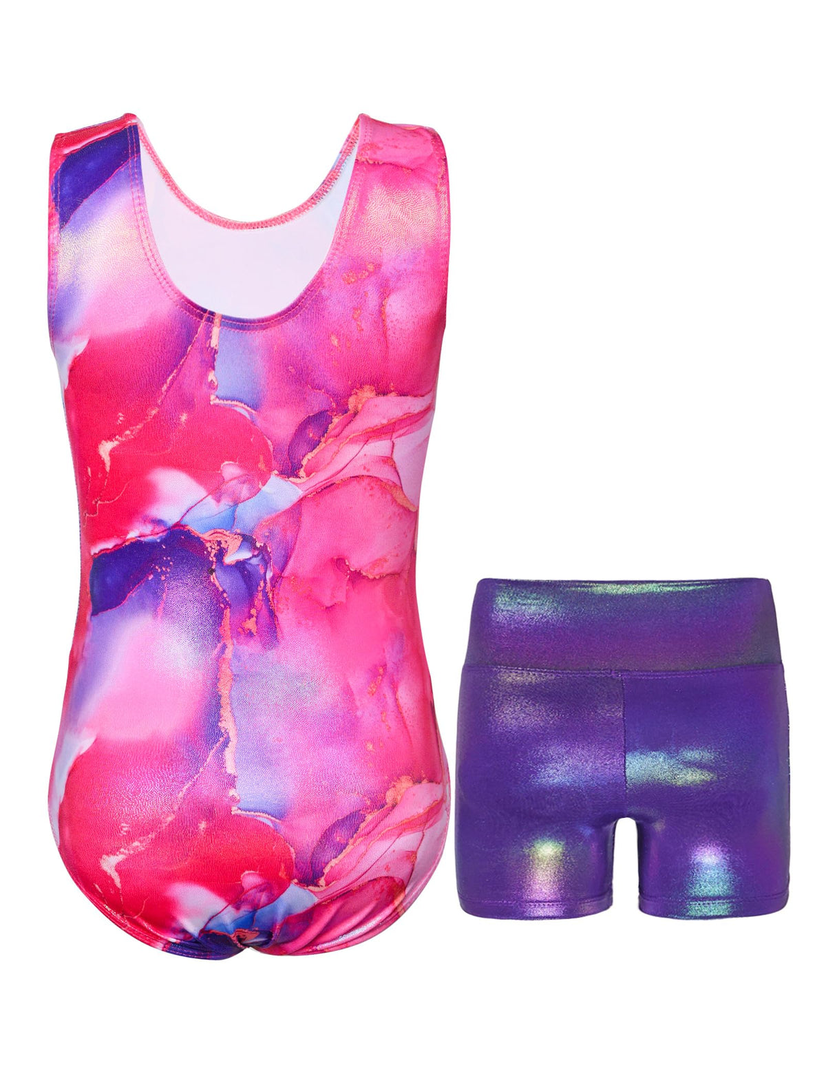 Nokecina Girls Gymnastics Leotards with Shorts Size 6-7 Years Old Purple Gold Gym Outfit Shiny Tumble Class Bodysuits
