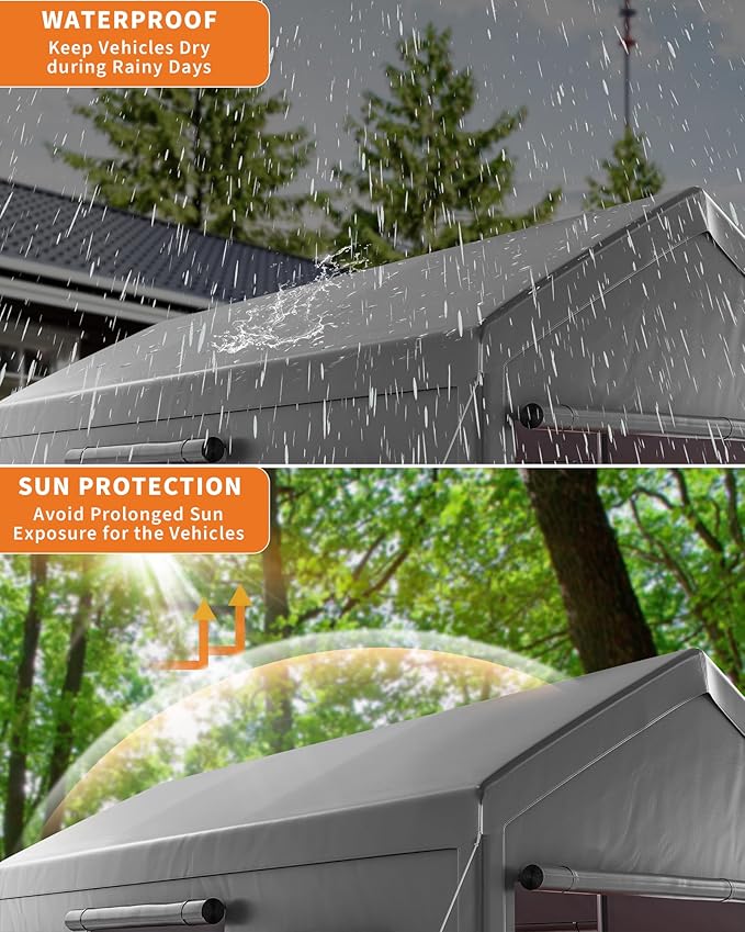 Garvee 10x20 Carport Canopy, Heavy Duty Car Port with Waterproof Tarp, Roll-Up Windows & Doors, Outdoor Portable Garage with Removable Sidewalls, for Car, Boat, Truck, Motorcycle, Grey