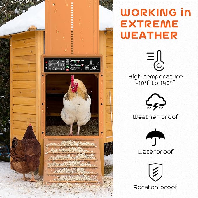 Asfrost Automatic Chicken Coop Door Solar Powered Automatic Chicken Door with Timer & Light Sensor, Anti-Pinch, Durable Aluminum Auto Chicken Door, Charge with 7W Solar Panel & USB - Orange