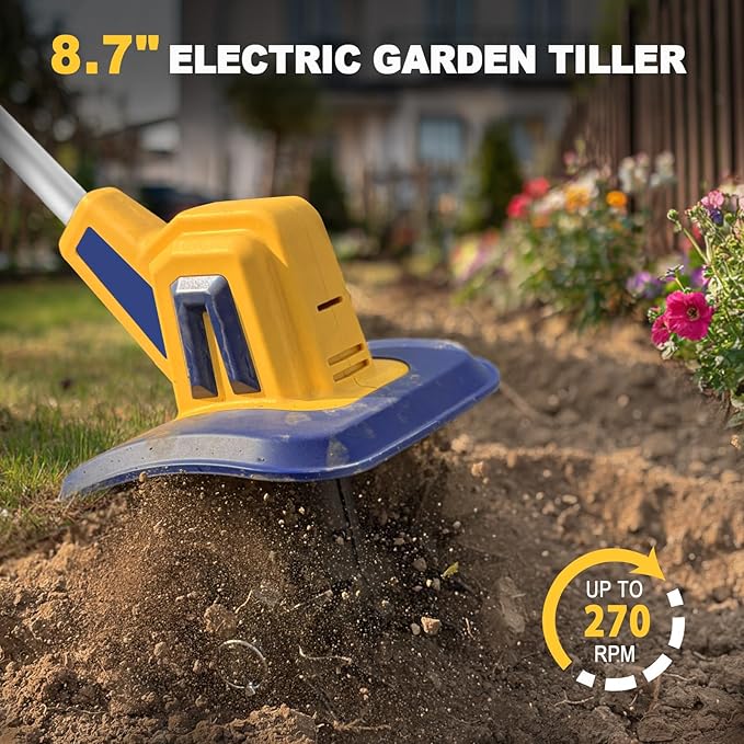 Cordless Tiller Cultivator Compatible with Dewalt 20V Battery, Electric Garden Rototiller w/270 RPM, 48 Steel Tines, 8.7" Tilling Width, 6.3" Depth, Portable Rotary Tiller, 4.0Ah Battery Included