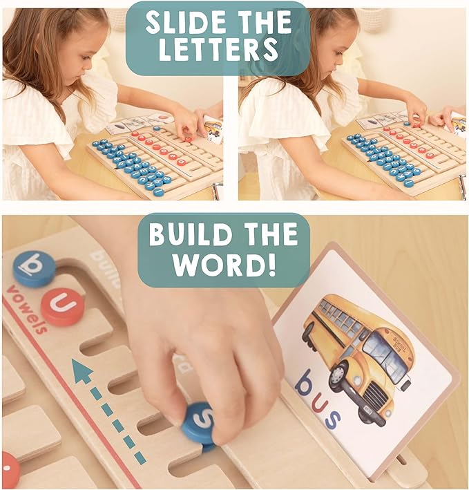 Montessori Learning Toy for 4 Year Old Kids and up | Wooden Educational Alphabet Board with Flashcards | Pre-K Essentials for Reading & Spelling. Great Homeschool CVC Word Game Gift for Boys & Girls