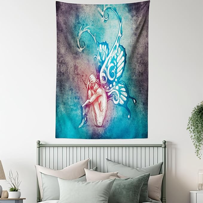 Ambesonne Butterfly Tapestry, with Butterfly Wings Renewal Female Rebirth Psyche Lightness of Being, Wall Hanging for Bedroom Living Room Dorm Decor, 60" X 80", Blue Purple