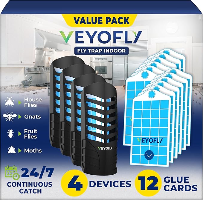 VEYOFLY Fruit Fly Traps for Indoors, Fly Trap Indoor, (4 Device + 12 Refills) Fly Catcher Indoor, Gnat Traps for House Indoor, Fly Trap, Plug in Light Flying Insect Trap, Bug Killer